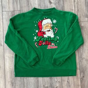 Home Free Womens Green Santa Feeling‎ Jolly in Idaho Christmas Sweatshirt Large